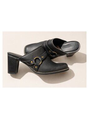 Aerosoles Black Leather Mule Moto Biker Boots Heeled Clogs Size 7.5